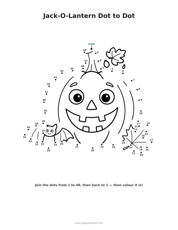 Jack-O-Lantern Dot to Dot printable page — With a Gap-Toothed Grin