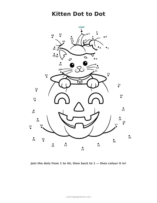 Kitten Dot to Dot printable page — Sitting Inside a Jack-o-Lantern