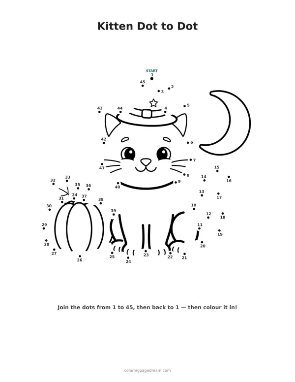 Kitten Dot to Dot printable page — Wearing a Tiny Witch Hat