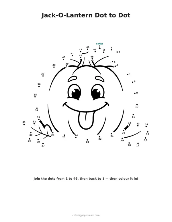 Jack-O-Lantern Dot to Dot printable page — With a Silly Face and Tongue Out