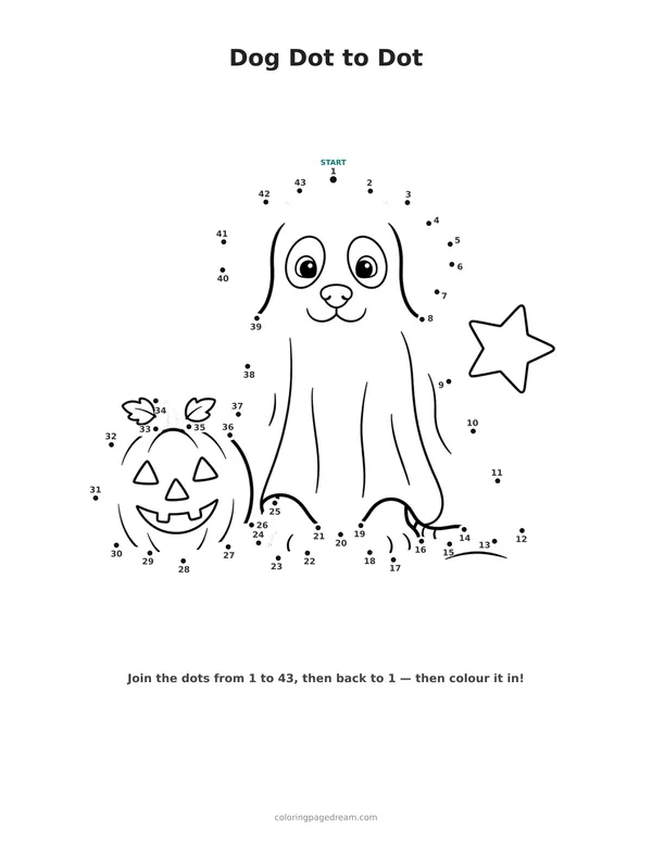 Dog Dot to Dot printable page — Wearing a Ghost Costume