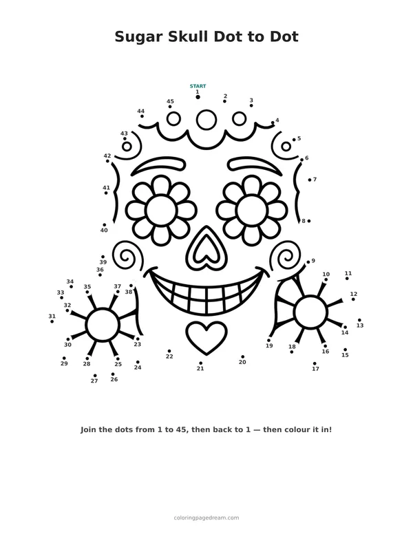 Sugar Skull Dot to Dot printable page — Smiling With Flower Eyes