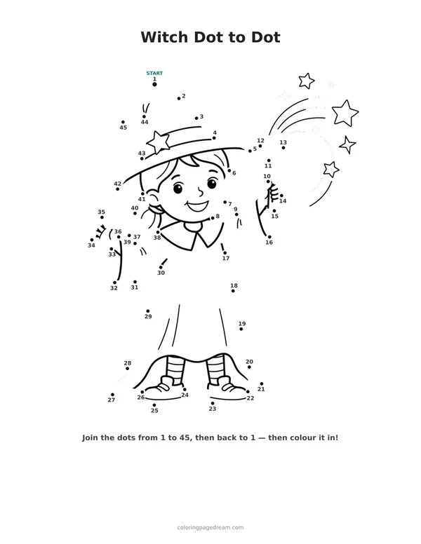 Witch Dot to Dot printable page — Waving a Magic Wand
