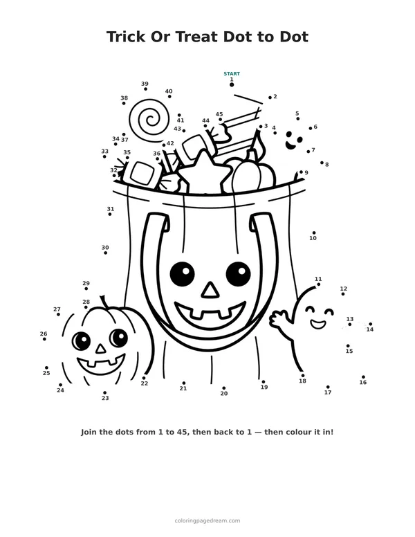 Trick Or Treat Dot to Dot printable page — Bag Full Of Candy