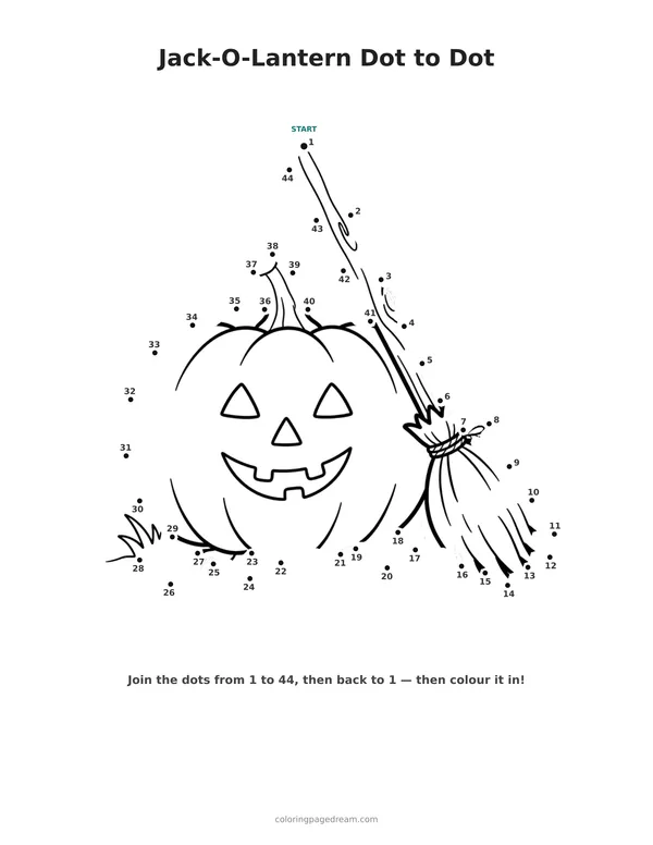 Jack-O-Lantern Dot to Dot printable page — With a Broomstick and Pumpkin