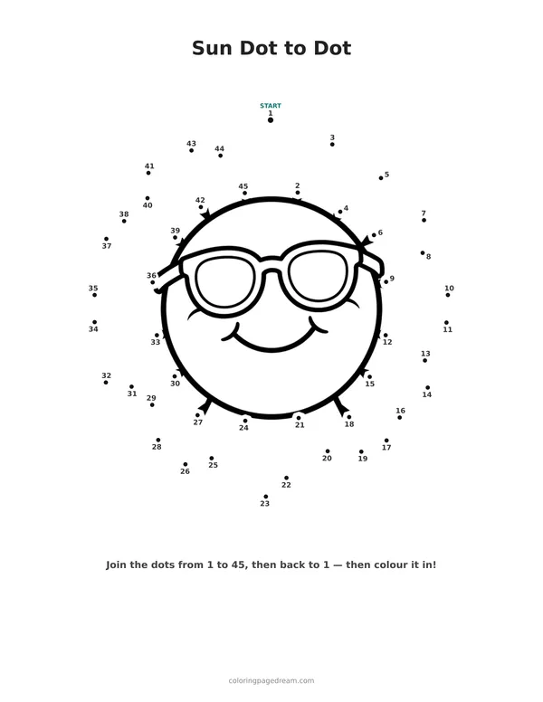Sun Dot to Dot printable page — Wearing Sunglasses and Smiling