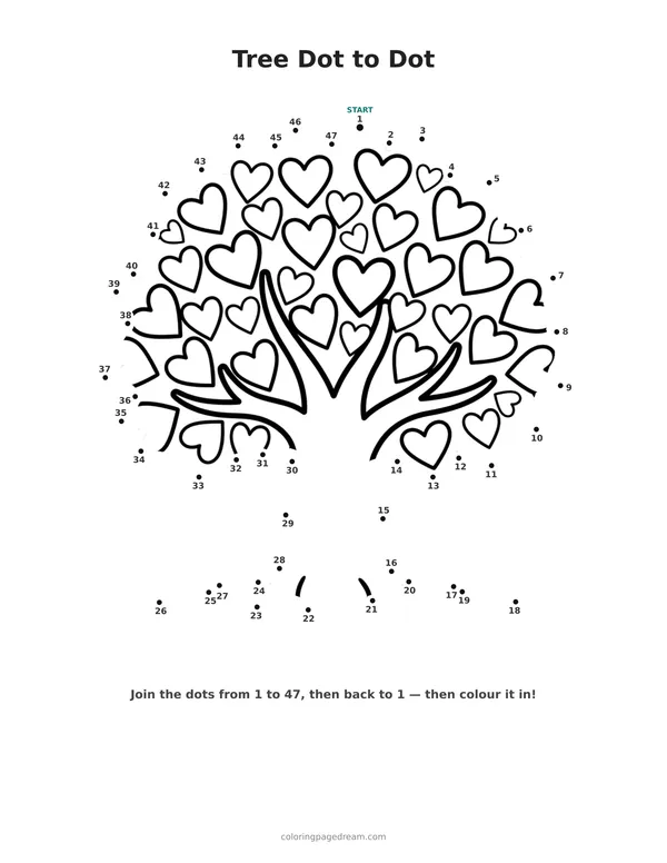 Tree Dot to Dot printable page — Full of Heart Leaves