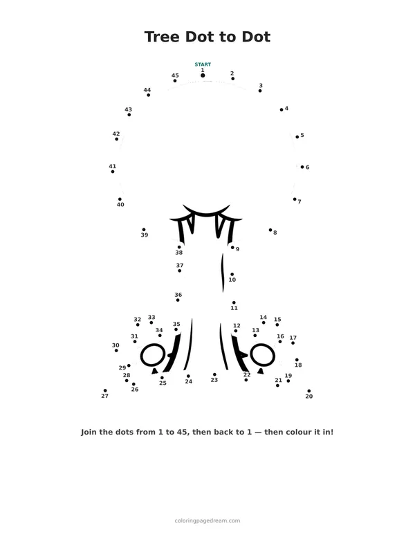 Tree Dot to Dot printable page — Simple Round Canopy and Flowers