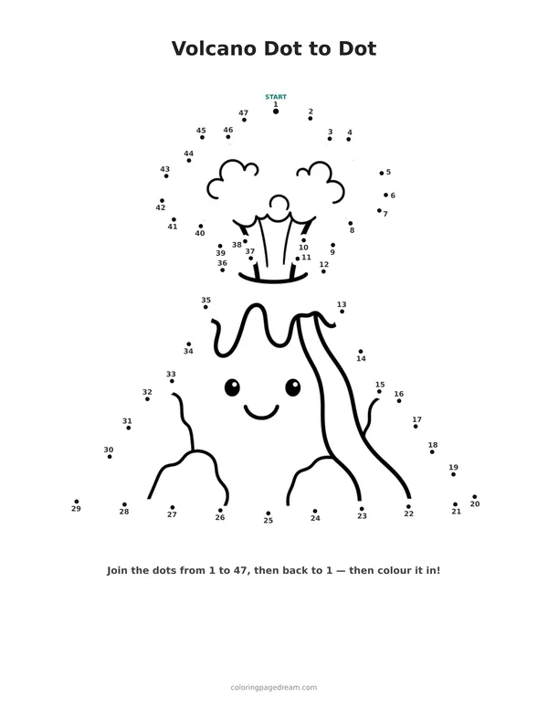 Volcano Dot to Dot printable page — Erupting With a Cute Face