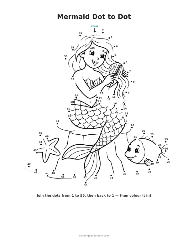 Mermaid Dot to Dot printable page — Sitting on a Rock Combing Hair