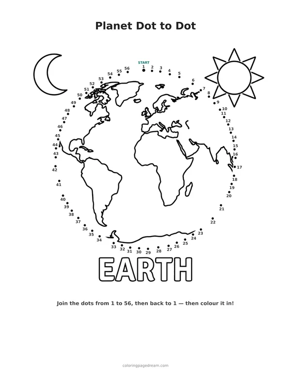 Planet Dot to Dot printable page — Earth with Continents and Oceans