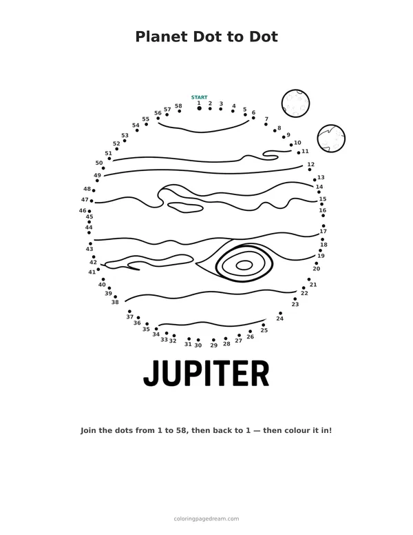 Planet Dot to Dot printable page — Jupiter with the Great Red Spot