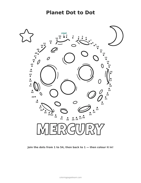 Planet Dot to Dot printable page — Mercury with Craters