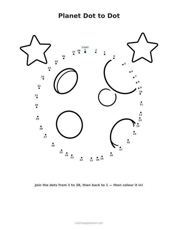 Planet Dot to Dot printable page — Round Planet With Craters and Stars