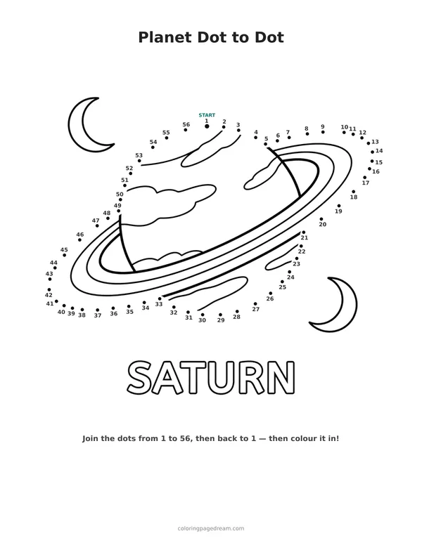 Planet Dot to Dot printable page — Saturn with Wide Rings