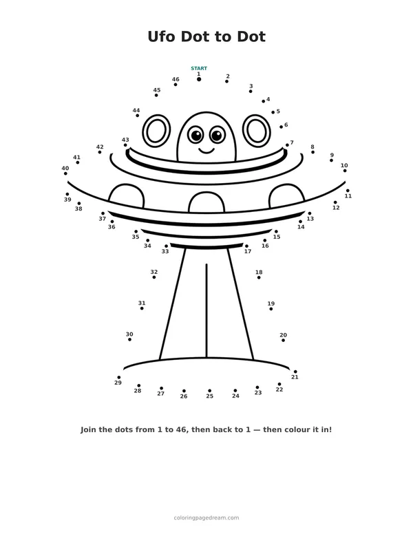 Ufo Dot to Dot printable page — Friendly Alien in a Spaceship