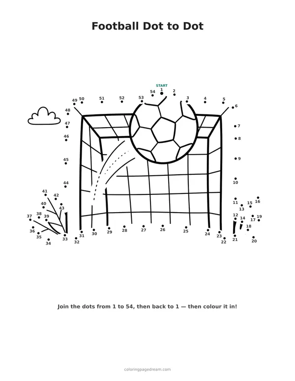Football Dot to Dot printable page — Ball Flying Into Net