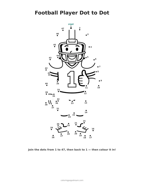 Football Player Dot to Dot printable page — Helmet Giving a Thumbs Up