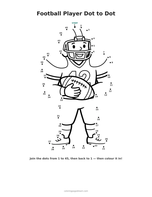 Football Player Dot to Dot printable page — Standing and Holding a Football