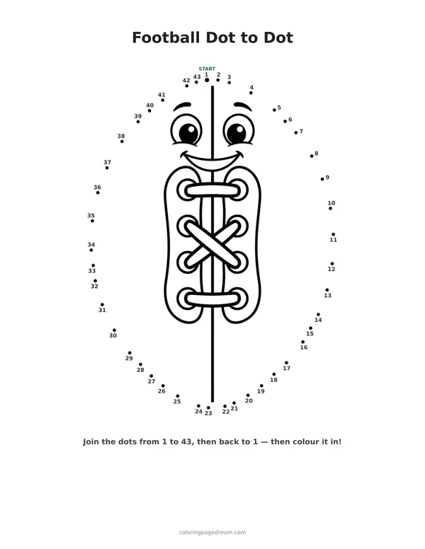 Football Dot to Dot printable page — Smiling Face and Laces