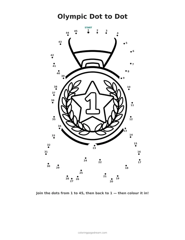 Olympic Dot to Dot printable page — First Place with Star and Ribbon