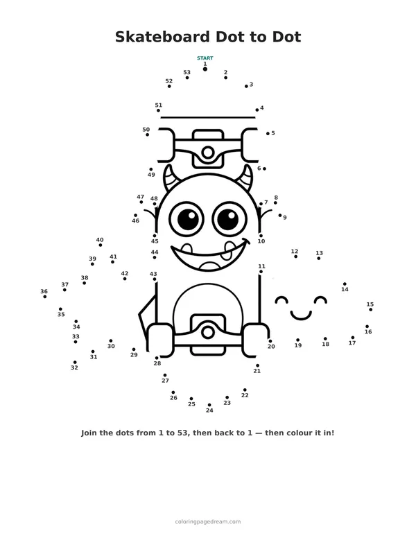 Skateboard Dot to Dot printable page — Monster Face With Star and Cloud