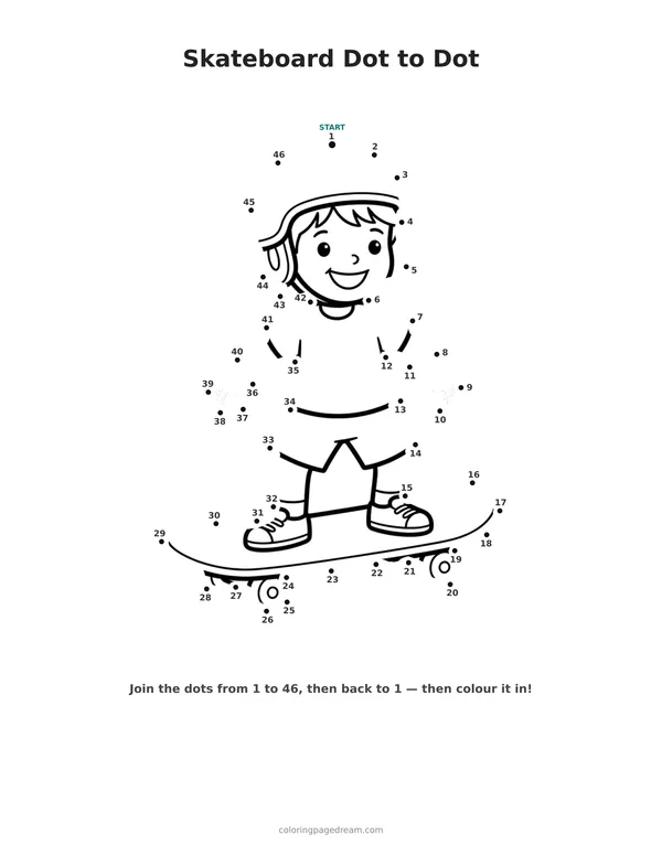 Skateboard Dot to Dot printable page — Riding with a Helmet