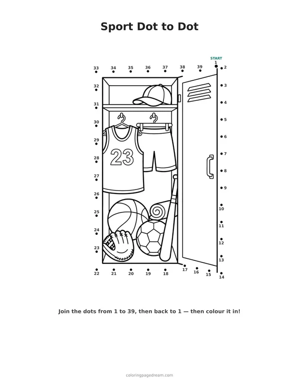 Sport Dot to Dot printable page — Full of Sports Equipment