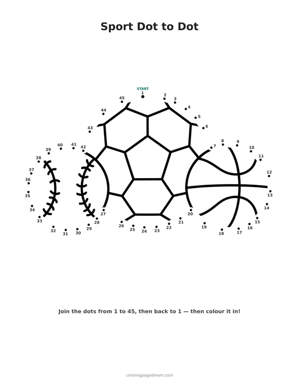 Sport Dot to Dot printable page — Soccer Ball Baseball and Basketball