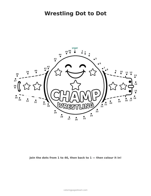 Wrestling Dot to Dot printable page — Smiling Face And Champ Text