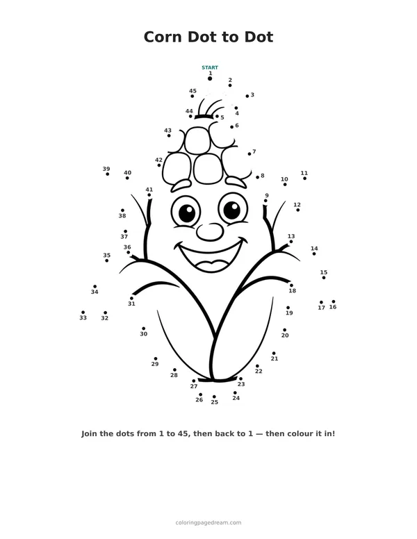 Corn Dot to Dot printable page — Friendly Face With Husk