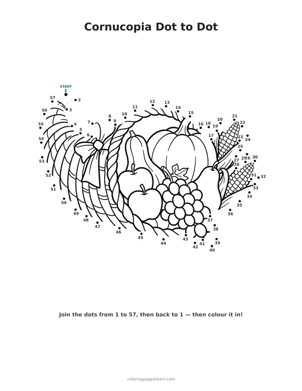 Cornucopia Dot to Dot printable page — Overflowing With Harvest Fruits