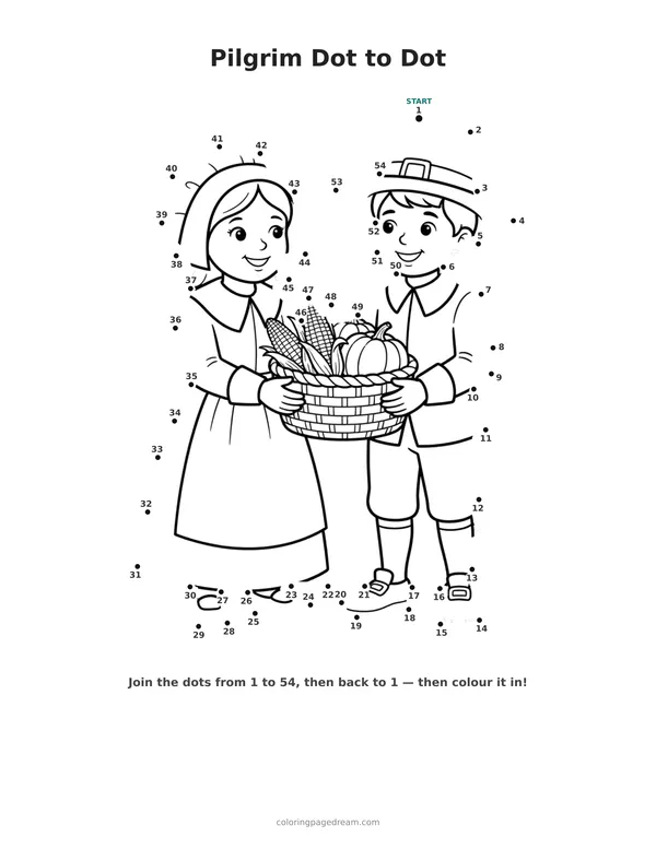 Pilgrim Dot to Dot printable page — Holding a Basket of Harvest Vegetables
