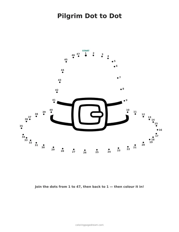 Pilgrim Dot to Dot printable page — with a Large Buckle