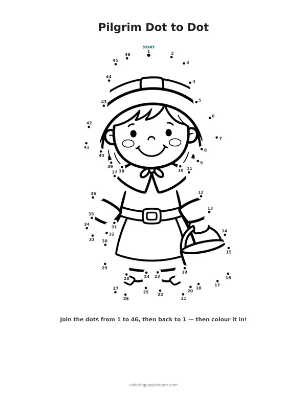 Pilgrim Dot to Dot printable page — Smiling Child Holding a Bucket