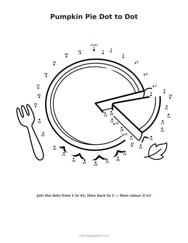 Pumpkin Pie Dot to Dot printable page — Sliced With A Fork And Leaf