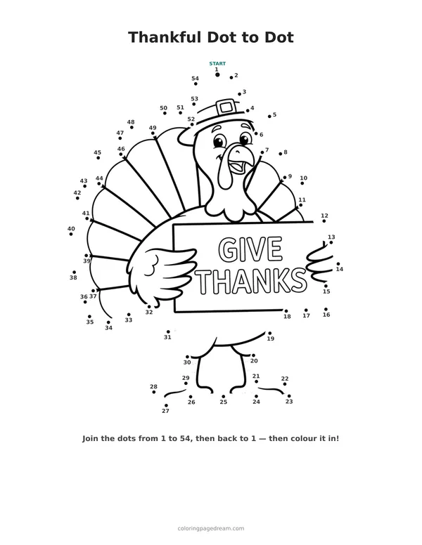 Thankful Dot to Dot printable page — Holding a Give Thanks Sign