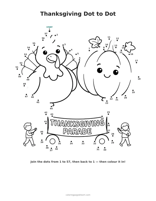 Thanksgiving Dot to Dot printable page — Parade Balloons with Banner
