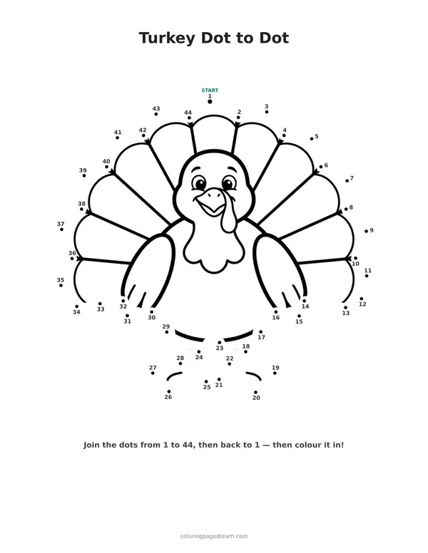 Turkey Dot to Dot printable page — Friendly Face and Fan Tail