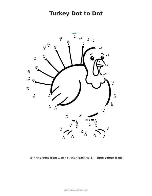 Turkey Dot to Dot printable page — Simple Standing in Profile