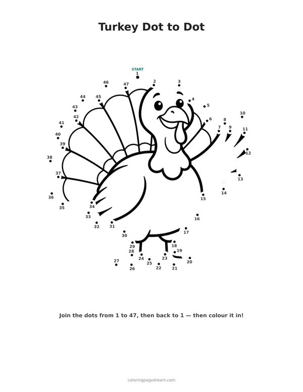 Turkey Dot to Dot printable page — Waving One Wing
