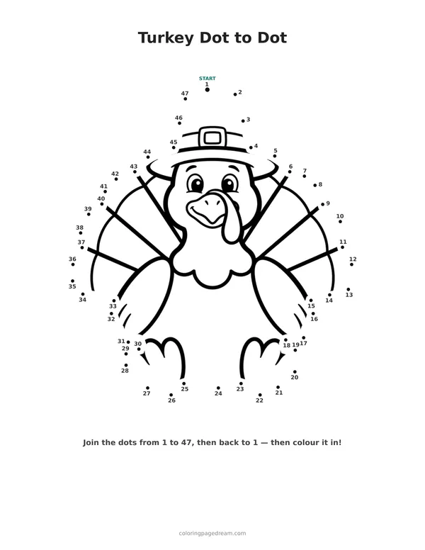 Turkey Dot to Dot printable page — Wearing a Pilgrim Hat