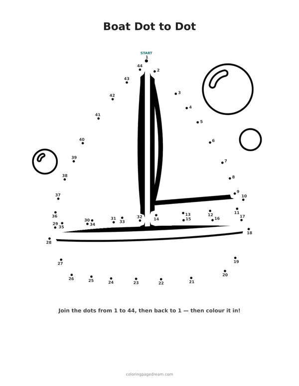 Boat Dot to Dot printable page — Simple with Bubbles Around
