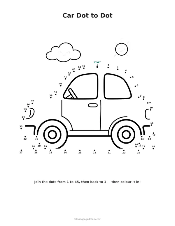 Car Dot to Dot printable page — Friendly Face on Sun and Cloud
