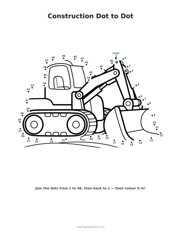 Construction Dot to Dot printable page — With a Big Front Scoop