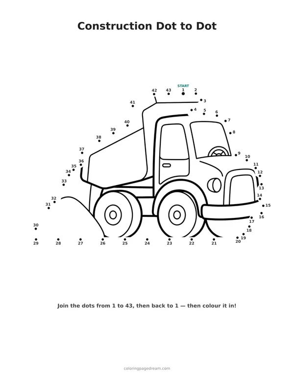 Construction Dot to Dot printable page — Carrying Sand and Piles
