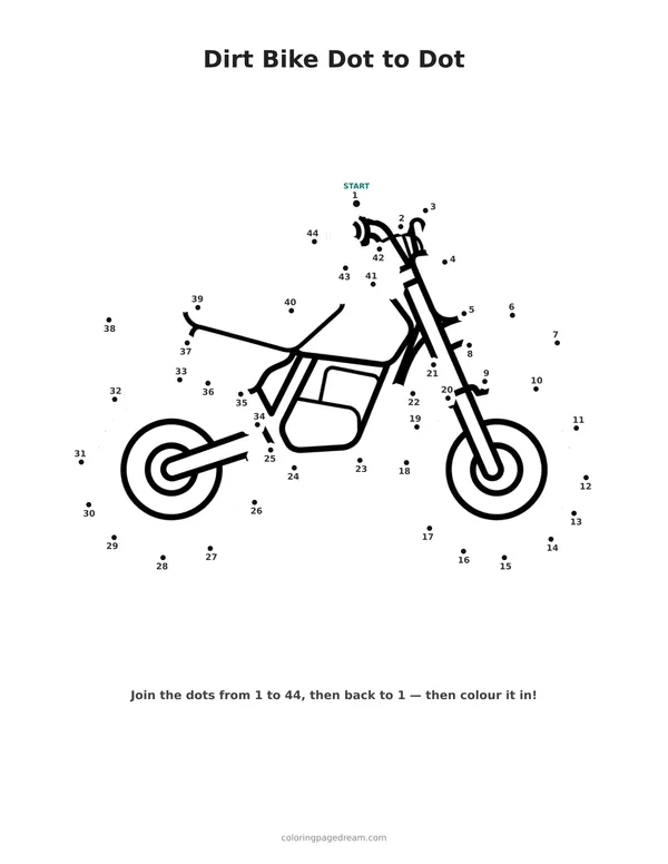 Dirt Bike Dot to Dot printable page — Big Knobbly Tyres