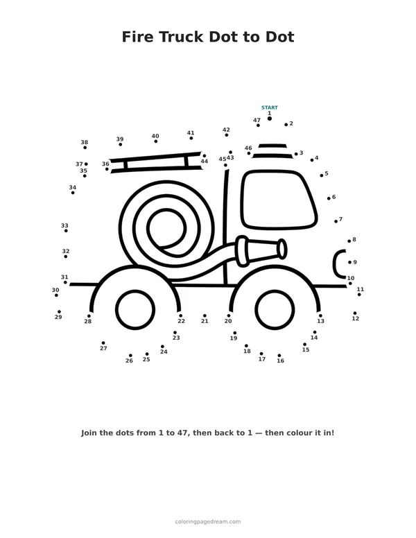 Fire Truck Dot to Dot printable page — Simple with a Rolled Hose