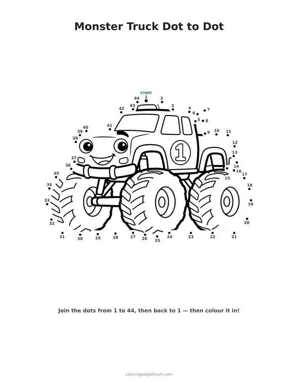 Monster Truck Dot to Dot printable page — Smiling With Giant Wheels
