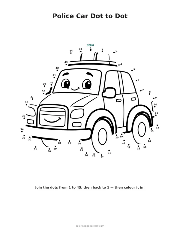 Police Car Dot to Dot printable page — Friendly Face and Roof Siren